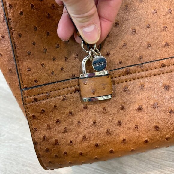 GUESS Brown Faux Ostrich Leather Shoulder Purse Tote Bag 13" x 5" x 9.5" - Picture 8 of 15